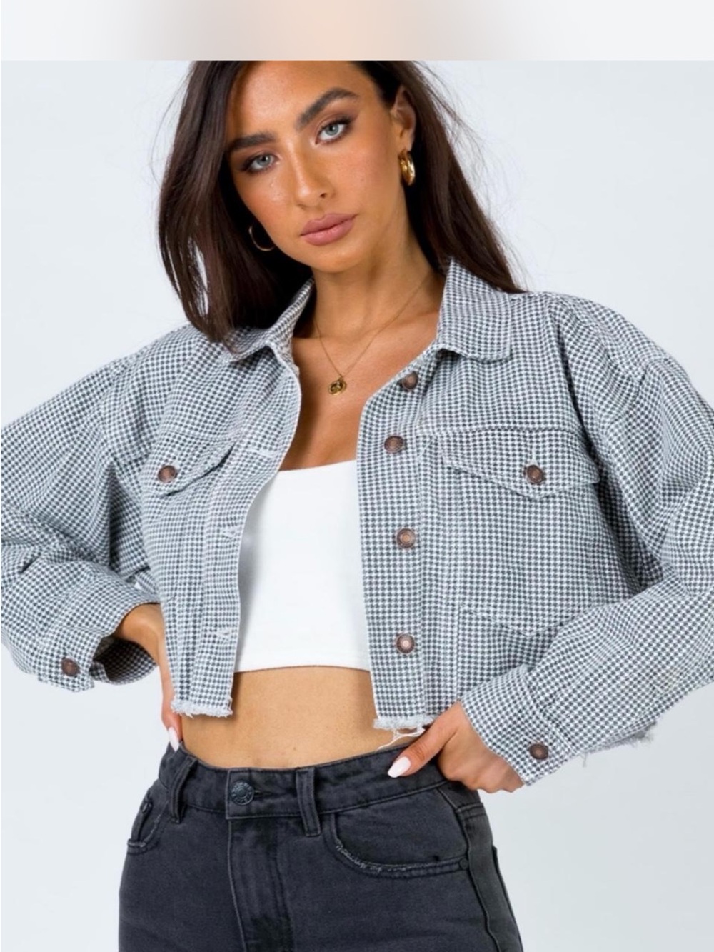Princess Polly Cropped Houndstooth Button-Up Jacket - Black & White